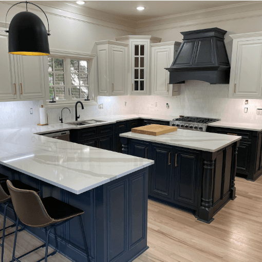 Kitchen cabinets refinished and painted dark blue by Tri City Painters in Cambridge Ontario
